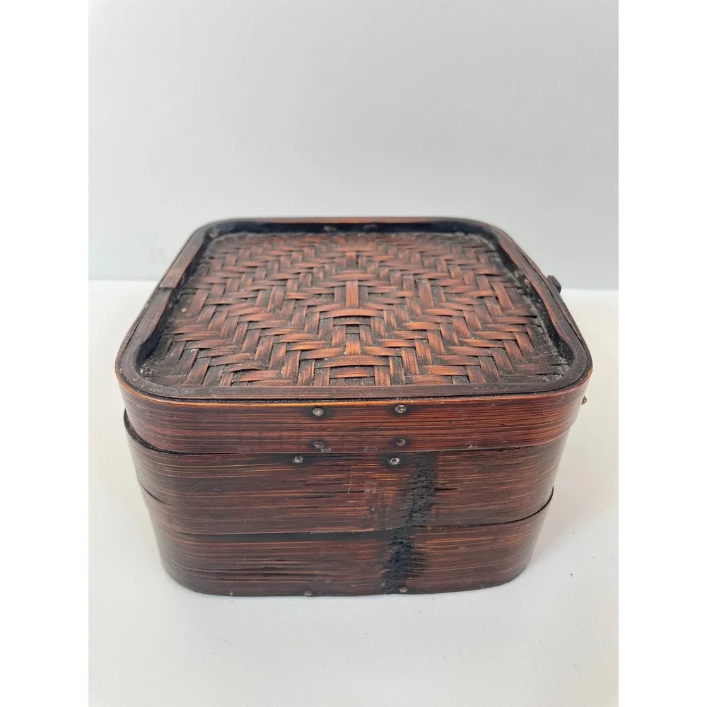 Vintage Woven Bamboo Box Square Brown Basket‎ Brass Latch